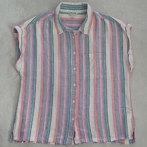 Orvis Womens Linen Rayon Striped Sleeveless Button Front Shirt Pastel Small Chic